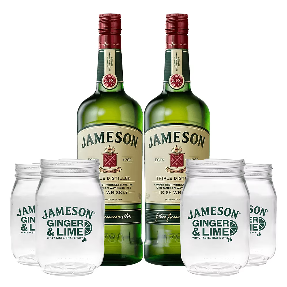 Jameson Irish Whiskey 1L Twin Pack with  FREE 4 Mason Jars